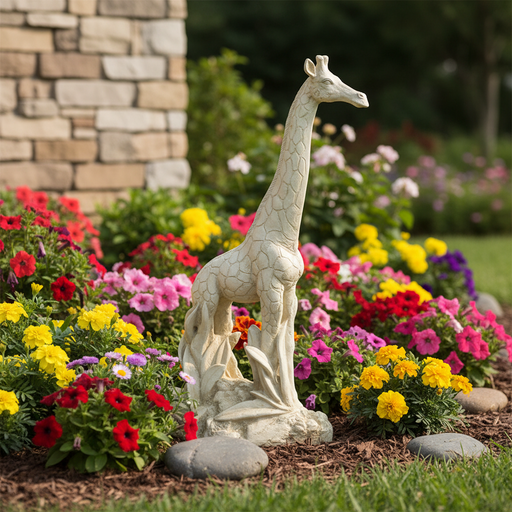 Giraffe statue with ornate detailing and classical old world European style, standing on a textured base with sculpted foliage. Side Angle