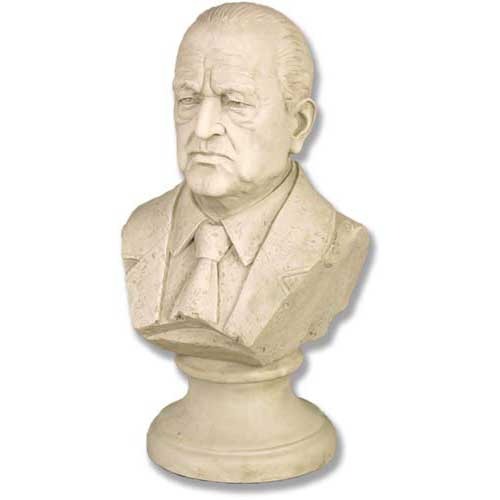 Classical European bust of an older man in a suit and tie, featuring realistic, detailed facial features and a traditional pedestal base.