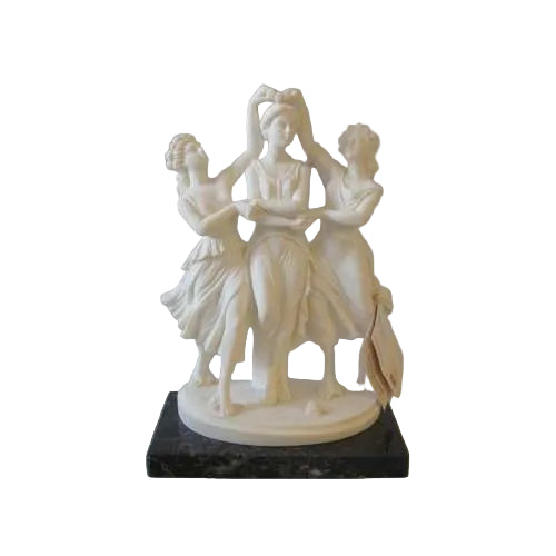 Three classical female figures in flowing gowns, posed gracefully in a Renaissance-inspired, ornate sculptural group on a round base.