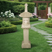 Pagoda-style garden lantern with ornate, classical detailing and tiered roof, inspired by old world European and Renaissance design. Side Angle