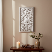Ornate rectangular wall panel featuring classical Baroque scrollwork, floral motifs, and a central heraldic crest in old world European style. Side Angle
