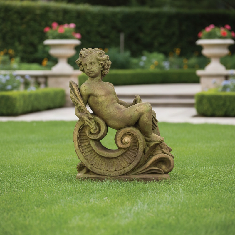 Fall Angel On Scroll Statue (36 - Inch) Side Angle