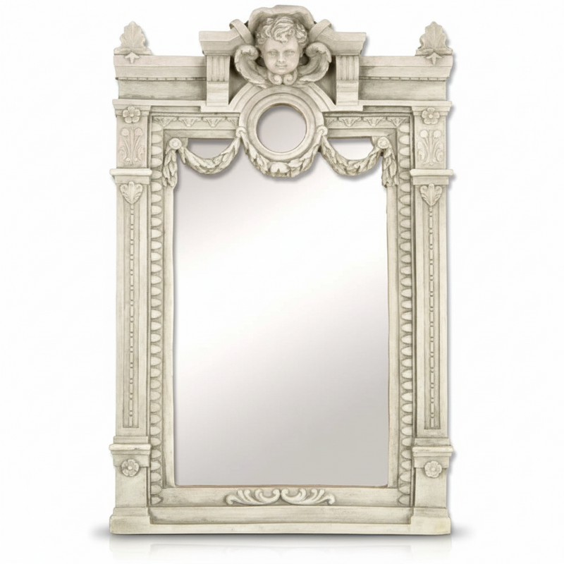 Ornate Baroque mirror with classical cherub crest, decorative swags, and intricate old world European architectural detailing.