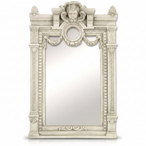 Rectangular mirror with an ornate frame featuring a cherub head, floral swags, and scroll motifs.