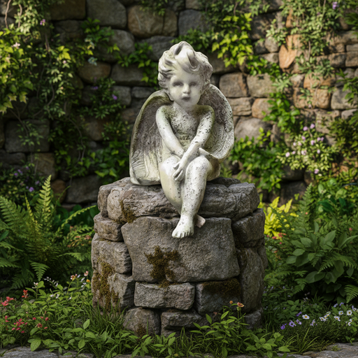 Bashful Cherub Outdoor Statue (15 - Inch) Side Angle