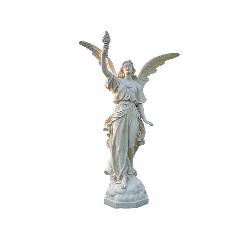 Winged angel statue in classical Renaissance style, holding a torch aloft, with flowing drapery and ornate detailing.