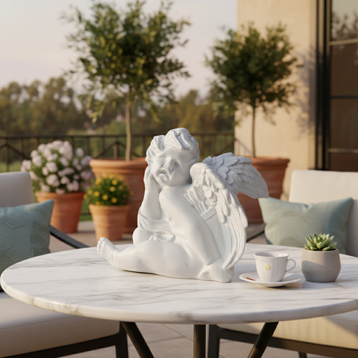 Cherub statue with detailed wings and classical Baroque features in a contemplative pose, inspired by old world European art. Side Angle