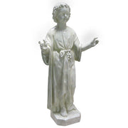 Child figure statue in classical Renaissance style with flowing robe, curly hair, and outstretched arms on a hexagonal base.
