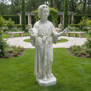 Child figure statue in classical Renaissance style with flowing robe, curly hair, and outstretched arms on a hexagonal base. Side View