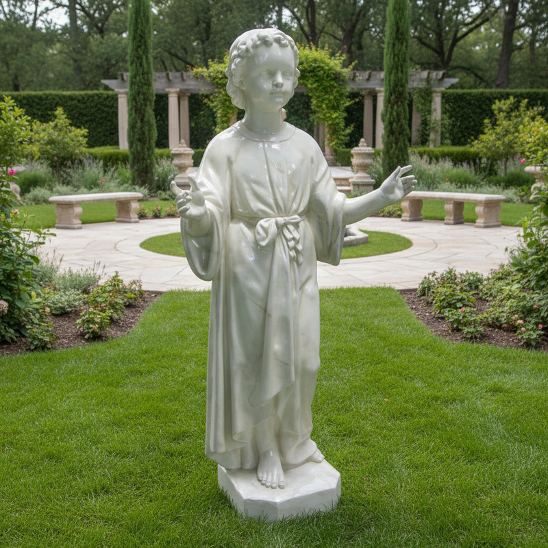 Child figure statue in classical Renaissance style with flowing robe, curly hair, and outstretched arms on a hexagonal base. Side View