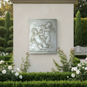 Two - Cupid Relief Plaque With Horn And Scroll. Outdoor Statue (33 - Inch) Side Angle