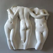 Three intertwined classical nude figures in a Renaissance-inspired, ornate relief sculpture with old world European artistry. Side View
