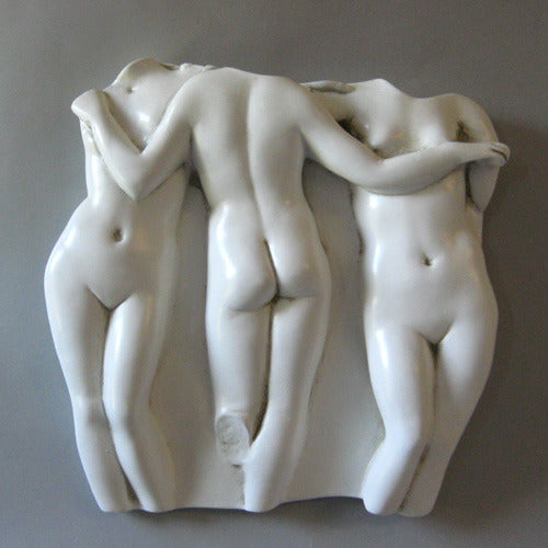 Three intertwined classical nude figures in a Renaissance-inspired, ornate relief sculpture with old world European artistry. Side View