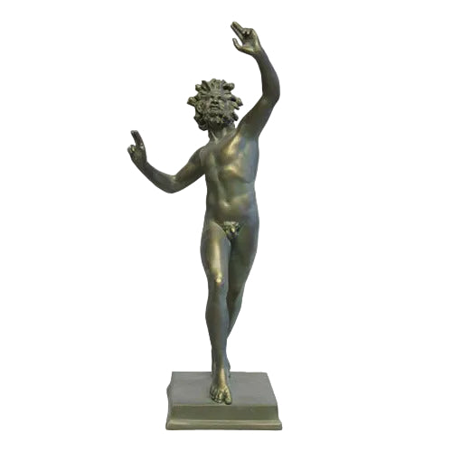 Classical Renaissance-style male statue with ornate hair, dynamic pose, and detailed features on a square pedestal base.