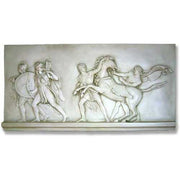 Classical Greek bas-relief panel depicting figures in flowing robes and armor leading horses in an ornate, ancient scene.