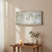 Classical Greek bas-relief panel depicting figures in flowing robes and armor leading horses in an ornate, ancient scene. Side View