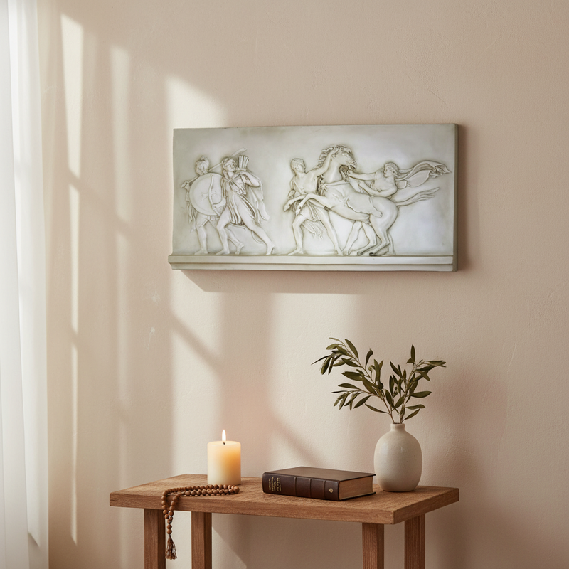 Classical Greek bas-relief panel depicting figures in flowing robes and armor leading horses in an ornate, ancient scene. Side View