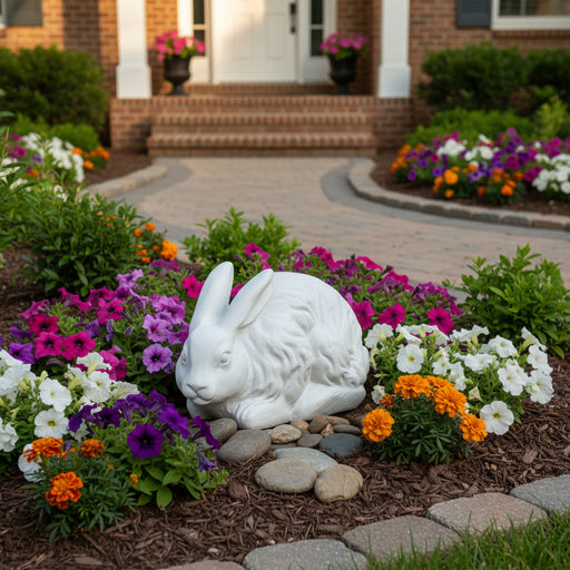 Baroque-style ornate rabbit sculpture with detailed fur and classical European design, evoking old world charm and elegance. Side Angle