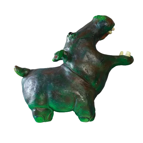 Hippo figurine with open mouth, sculpted in an old world European style with subtle ornate detailing and classical animal form.