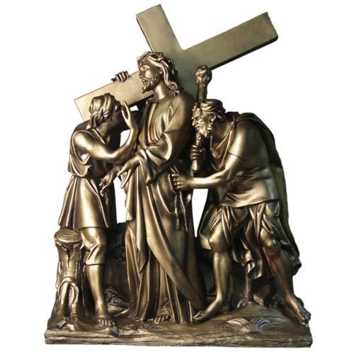 Jesus carrying the cross with two figures assisting, depicted in an ornate, classical Baroque style with dramatic drapery and detail.