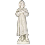Classical Renaissance-style statue of a serene young figure in flowing robes, hands crossed over chest, standing on a decorative base.