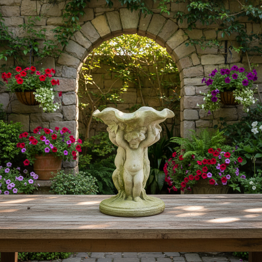 Cherubs Holding Birdbath Bowl Outdoor Statue (9 - Inch) Side Angle