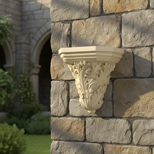 Ornate wall shelf with classical acanthus leaf motif, featuring old world European and Baroque architectural detailing. Side Angle