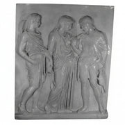 Classical Greek relief sculpture featuring three draped figures in flowing robes with detailed, ornate folds and ancient attire.