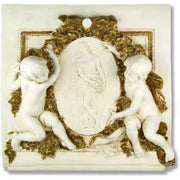 Cherubs in ornate Baroque relief frame an oval medallion with a classical figure, surrounded by intricate gilded detailing.