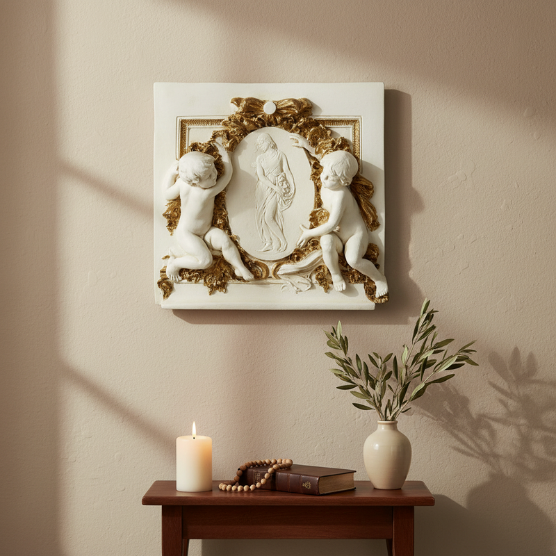 Cherubs in ornate Baroque relief frame an oval medallion with a classical figure, surrounded by intricate gilded detailing. Side View