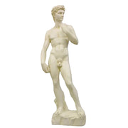 Classical Renaissance male statue in a contrapposto pose with detailed anatomical features and an ornate, old world European style.