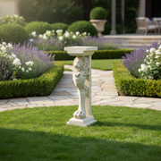Lion pedestal with classical old world European design, featuring ornate sculpted details and a square top in Renaissance style. Side Angle