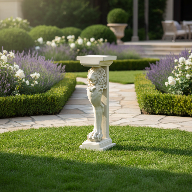 Lion pedestal with classical old world European design, featuring ornate sculpted details and a square top in Renaissance style. Side Angle