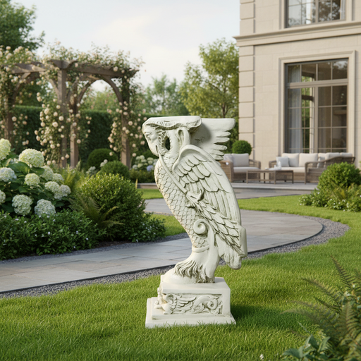 Winged griffin statue with ornate detailing, classical old world European style, featuring intricate Baroque and Renaissance motifs. Side Angle