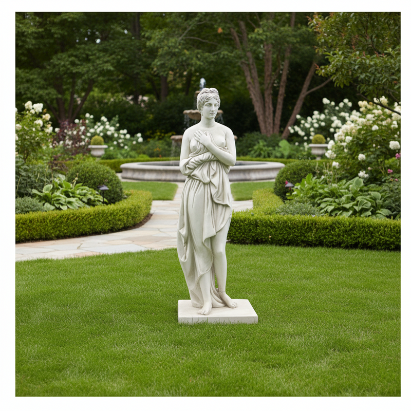 Classical Greek-style female statue with draped fabric, standing on a rectangular base, featuring ornate and lifelike details. Side Angle