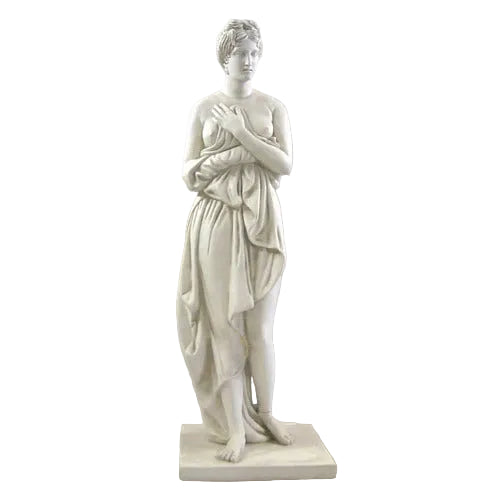 Classical Greek-style female statue with draped fabric, standing on a rectangular base, featuring ornate and lifelike details.