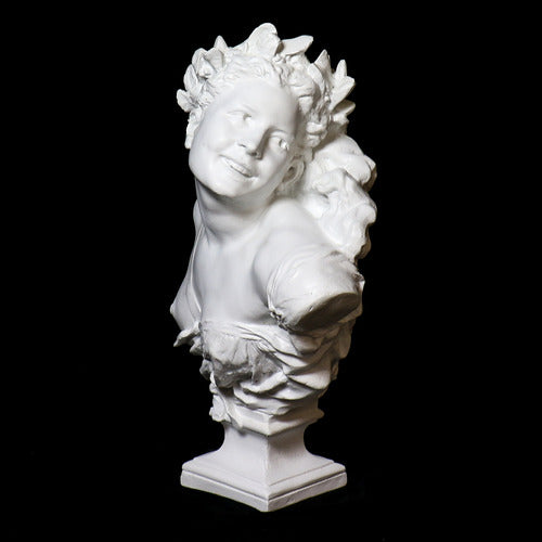 Bust of a smiling woman with laurel wreath, draped garment, and ornate detailing in classical Baroque style. Side View