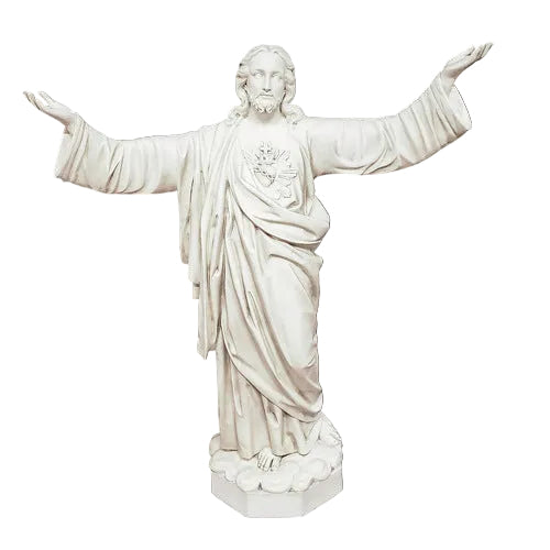 Jesus statue with outstretched arms in classical Renaissance style, featuring ornate drapery and detailed facial expression.