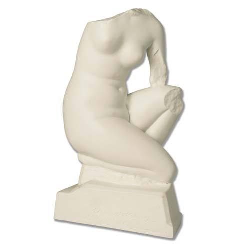 Classical Greek-style headless female torso sculpture in a kneeling pose with smooth, ornate detailing and Renaissance influence.