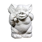 Grotesque gargoyle statue with exaggerated features, large ears, and a mischievous expression in old world European style.