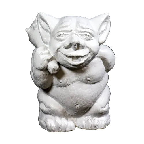Grotesque gargoyle statue with exaggerated features, large ears, and a mischievous expression in old world European style.