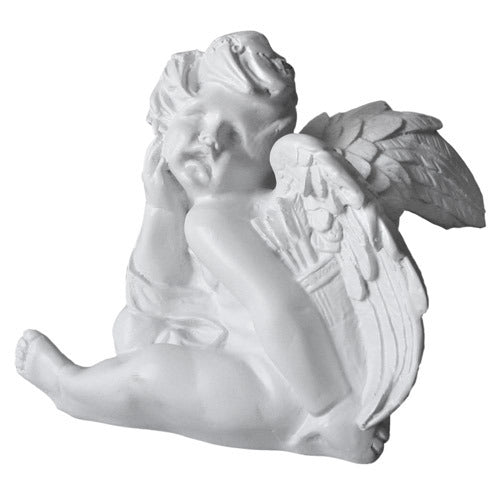 Cherub statue with detailed wings and classical Baroque features in a contemplative pose, inspired by old world European art.