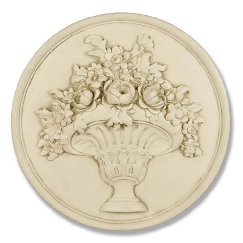 Ornate round medallion featuring a classical Baroque floral basket relief with intricate old world European detailing.
