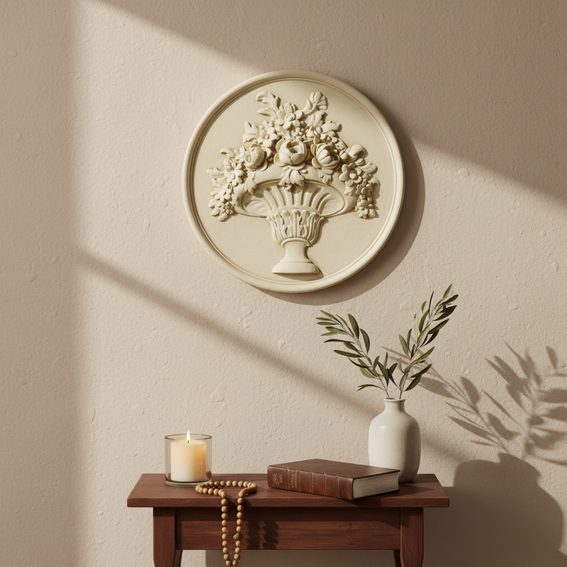 Ornate round medallion featuring a classical Baroque floral basket relief with intricate old world European detailing. Side View
