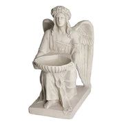 Kneeling angel with a serene facial expression and feathered wings, holding a large open shell bowl on a rectangular base.
