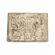Ornate rectangular plaque featuring classical Baroque scrollwork, acanthus leaves, and floral motifs in old world European style.