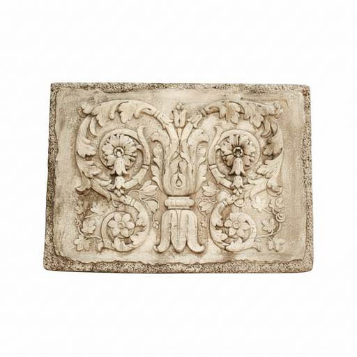 Ornate rectangular plaque featuring classical Baroque scrollwork, acanthus leaves, and floral motifs in old world European style.