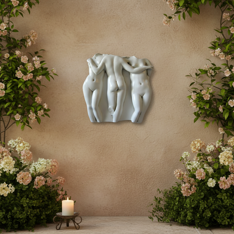 Three intertwined classical nude figures in a Renaissance-inspired, ornate relief sculpture with old world European artistry. Side Angle