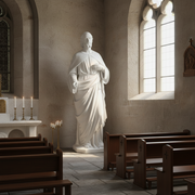 Classical Renaissance-style male saint statue with flowing robes, detailed facial features, and an ornate, old world European design. Side Angle