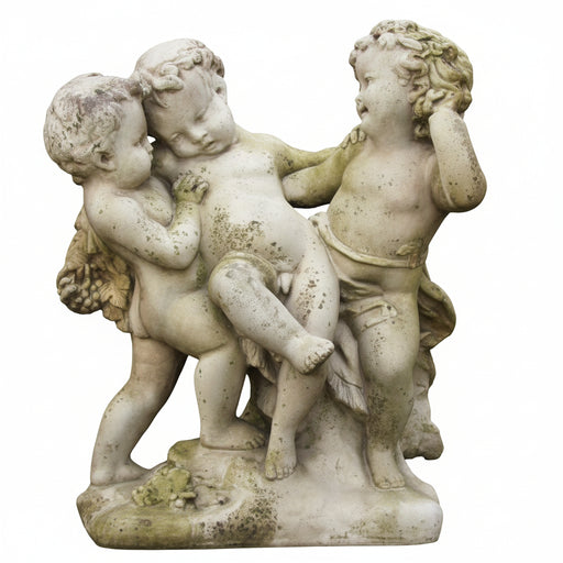 Cherub statue featuring three playful children intertwined on a naturalistic base,